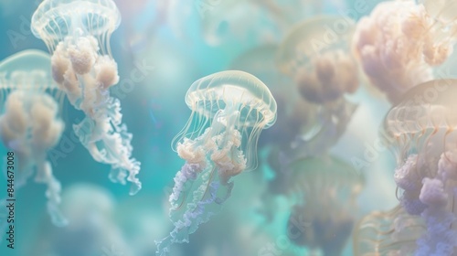 Soft hues and dreamy blurriness make up the backdrop of this otherworldly image featuring a group of jellyfish dancing in the depths of the ocean. . photo