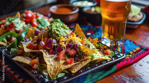 Plate of nachos salad and beer on a square platter on top of a colorful poncho © 2rogan