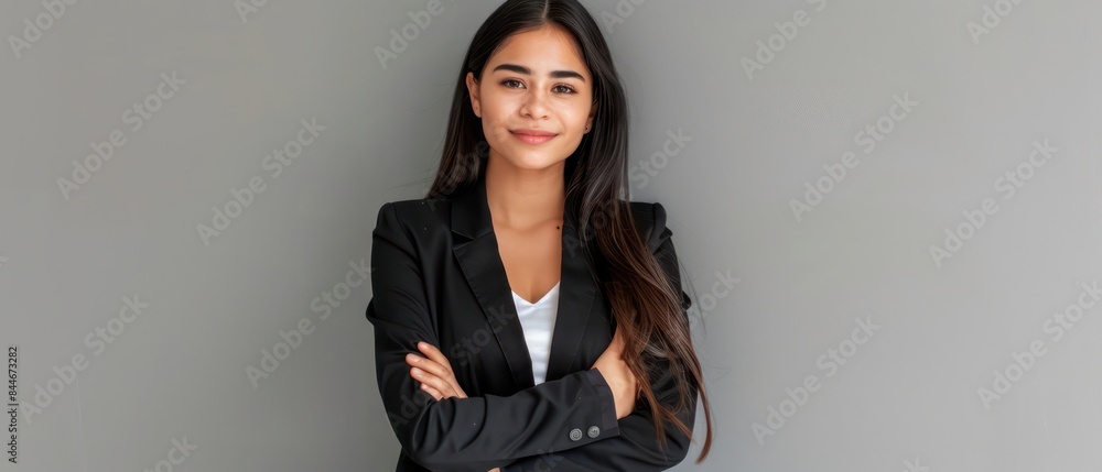 business woman arms are at her side as she stands with hair down, projecting a graceful and composed presence business woman arms are at her side as she stands with hair down, projecting a graceful and composed presence