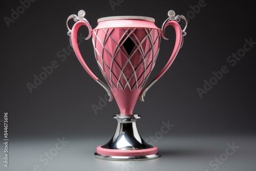 Striking 3d-rendered pink trophy, featuring silver accents and intricate details, displayed on a seamless gray backdrop