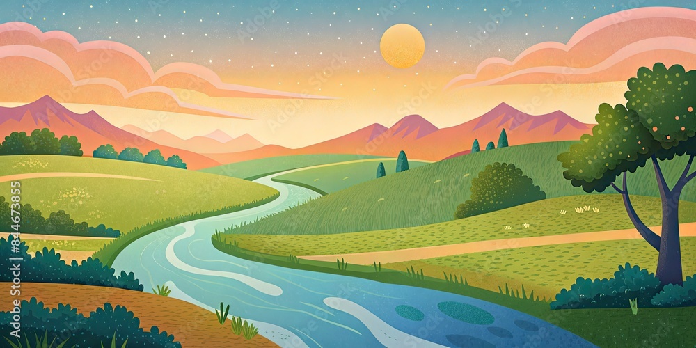 Serene river winding through green hills. Serene river winding through green hills.