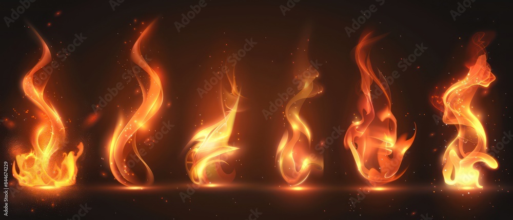 Fire effects set blaze brightly, their light creating striking contrasts on a black background Fire effects set blaze brightly, their light creating striking contrasts on a black background
