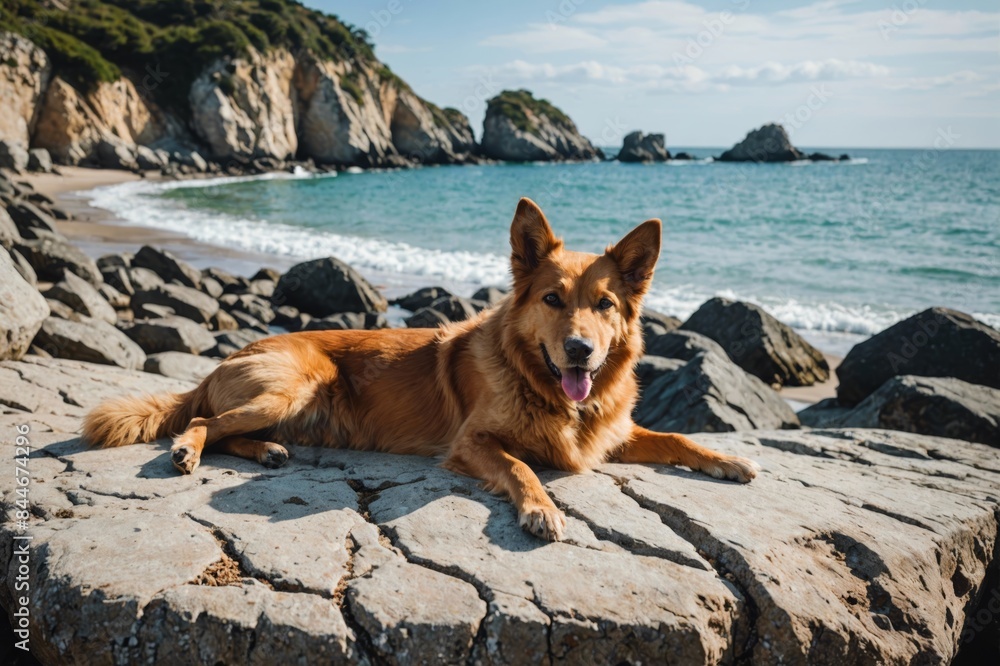 Dog lying on rock with beach in background Dog lying on rock with beach in background