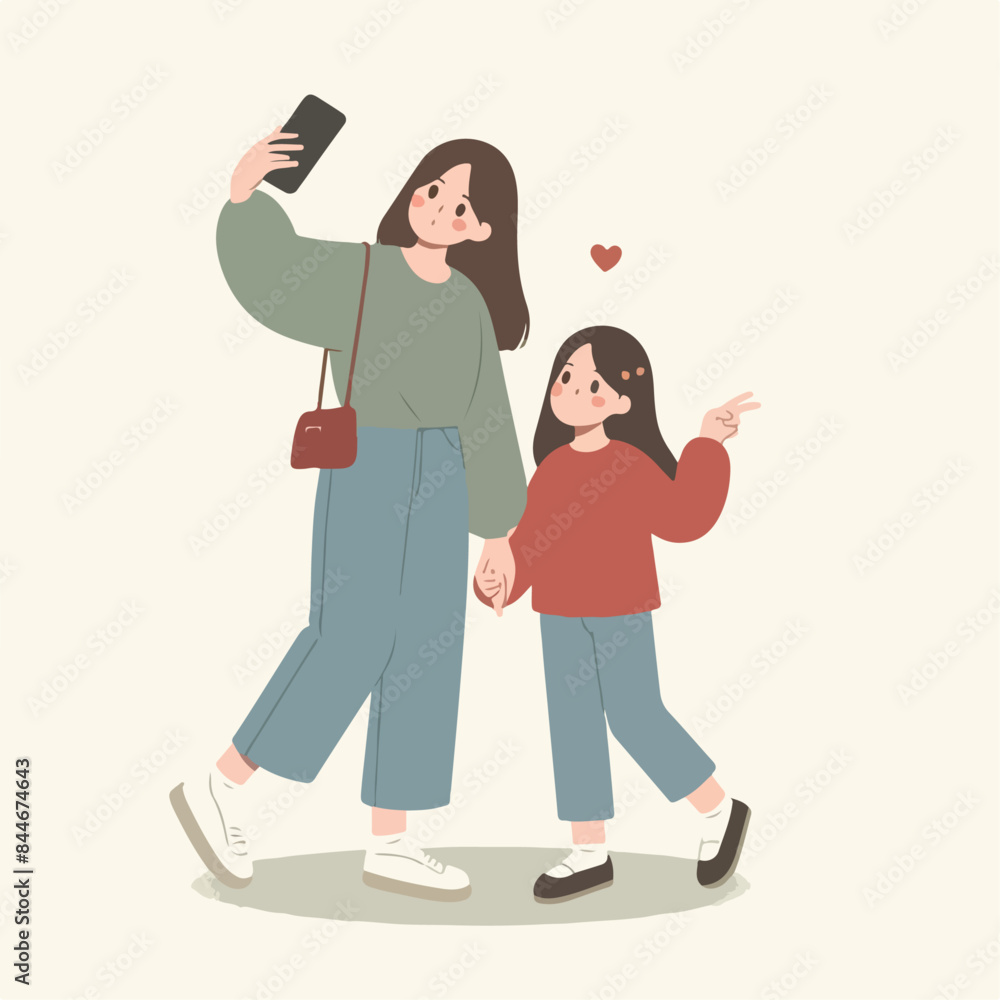 girl taking selfie with friend. flat vector illustration. simple and calm