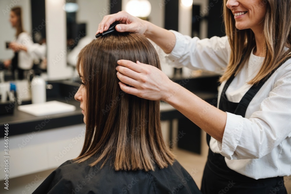 Hands of Caucasian female hairdresser working in hair salon wearing, straightening hair of female Caucasian customer. Hands of Caucasian female hairdresser working in hair salon wearing, straightening hair of female Caucasian customer.