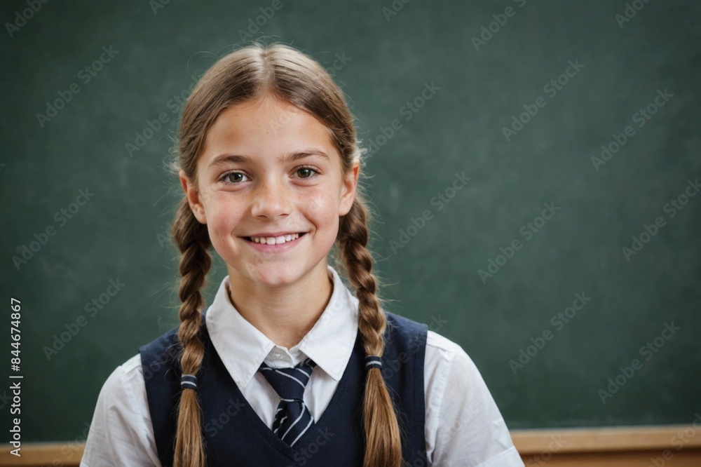 Portrait of a A smiling schoolgirl against a chalkboard. Portrait of a A smiling schoolgirl against a chalkboard.