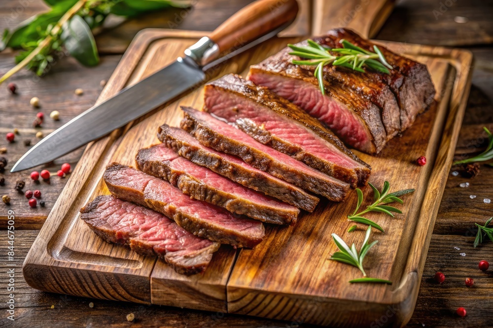 Sliced medium-rare steak on a wooden cutting board. Sliced medium-rare steak on a wooden cutting board.