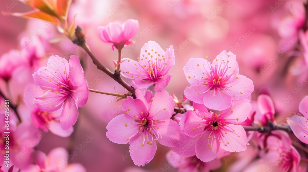 Close up of pink cherry blossoms on a tree spring backdrop