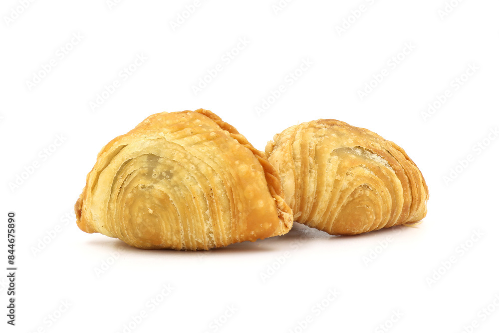 curry puff pastry isolated on white background. Snacks in Thailand. curry puff pastry isolated on white background. Snacks in Thailand.