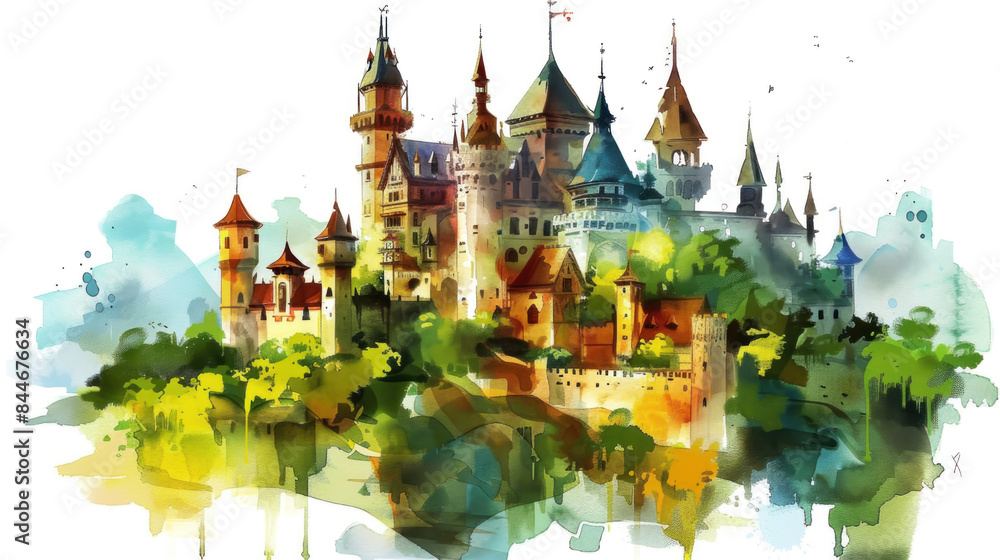 Fairytale Castle Fantasy Landscape Watercolor Painting Fairytale Castle Fantasy Landscape Watercolor Painting