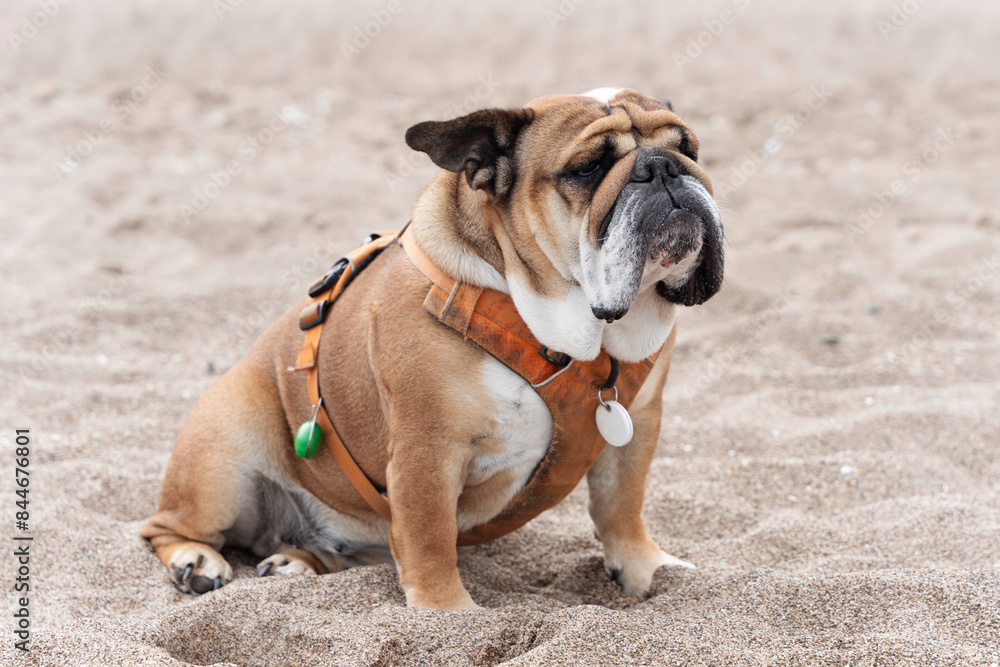 Brown English Bulldog Sitting on a Sandy Beach Brown English Bulldog Sitting on a Sandy Beach