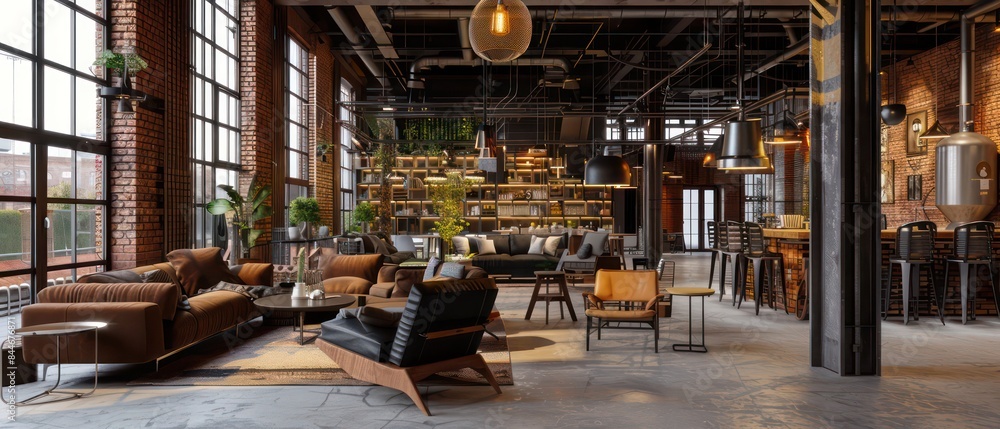 coffee shop in an industrial loft blends exposed brick, metal beams, and cozy seating for a trendy ambiance coffee shop in an industrial loft blends exposed brick, metal beams, and cozy seating for a trendy ambiance