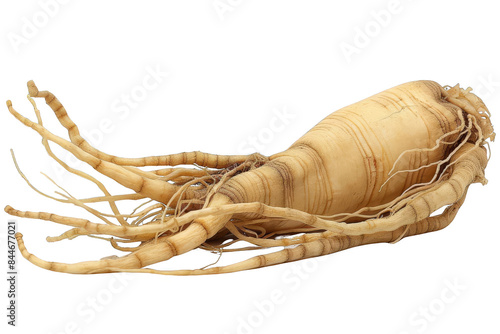 Close-up image of a whole ginseng root, isolated on a white background. Perfect for health, herbal medicine, and natural remedy themes.