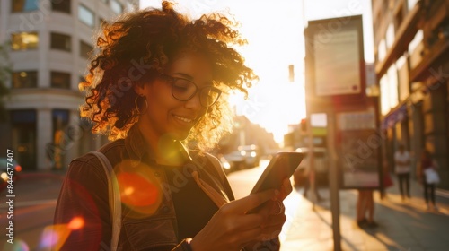 Woman with curly hair on a city street, engaging with her smartphone, the sun shining down warmly