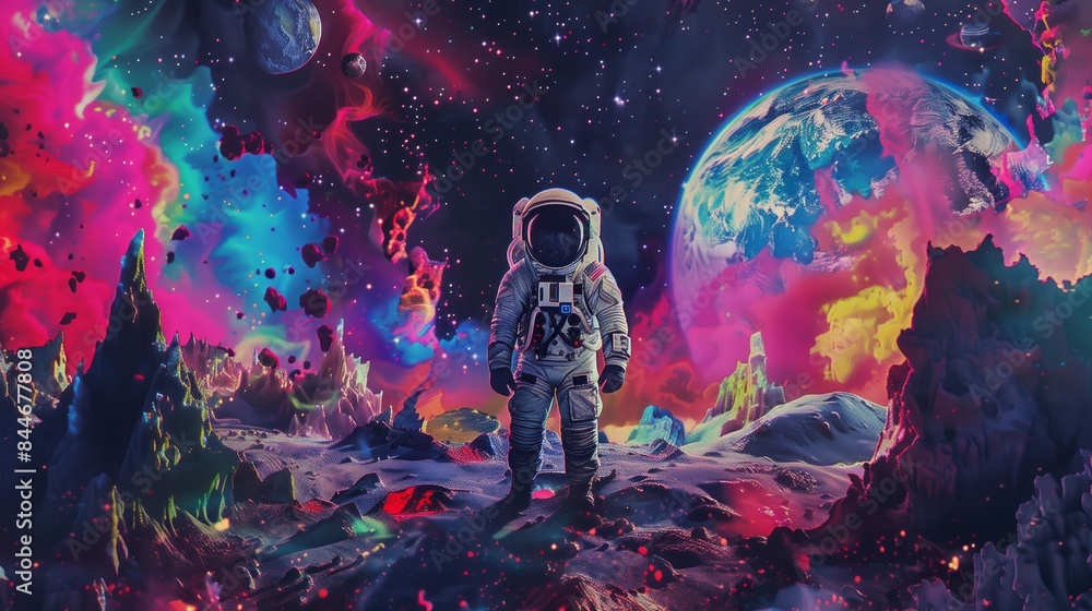 Fototapeta premium Astronaut Exploring Vibrant Cosmic Landscape: A Surreal Pop Art.