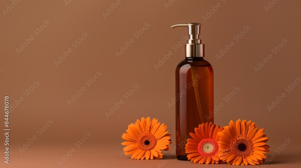 A brown pump bottle with orange flowers on a brown background. Concept of skincare product display. A brown pump bottle with orange flowers on a brown background. Concept of skincare product display.