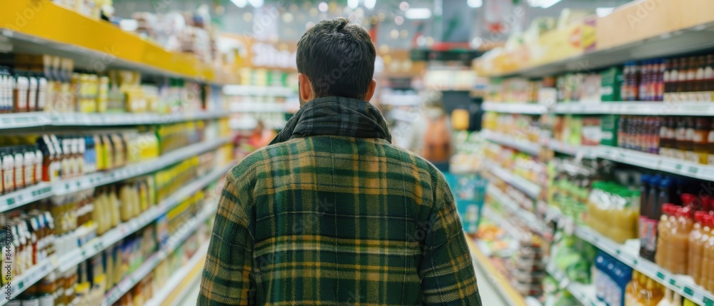 Man shopping for groceries in a supermarket, rear view Man shopping for groceries in a supermarket, rear view
