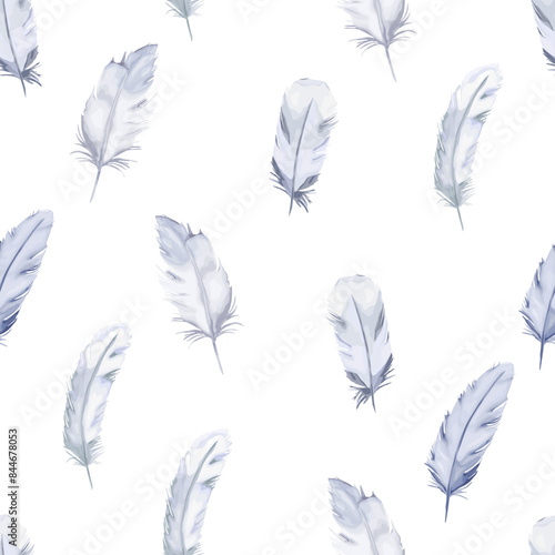Fabric seamless pattern. Feathers print on white background. Vector illustration
