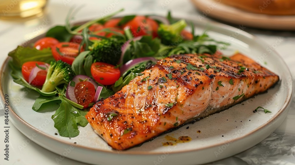 A healthy meal featuring a grilled salmon fish fillet placed next to a vibrant green leafy vegetable salad The salad includes tomatoes A healthy meal featuring a grilled salmon fish fillet placed next to a vibrant green leafy vegetable salad The salad includes tomatoes