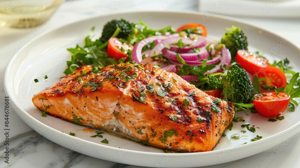 A healthy meal featuring a grilled salmon fish fillet placed next to a vibrant green leafy vegetable salad The salad includes tomatoes A healthy meal featuring a grilled salmon fish fillet placed next to a vibrant green leafy vegetable salad The salad includes tomatoes