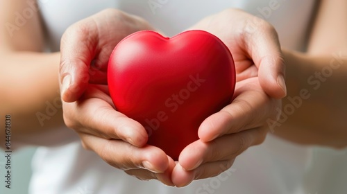 Close-up of a woman s hands cradling a red heart  symbolizing health care  donation  and family insurance