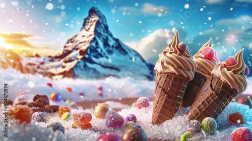 Chocolate ice cream cones and candies on a snowy mountain background. Concept of delicious dessert in a fantasy landscape.