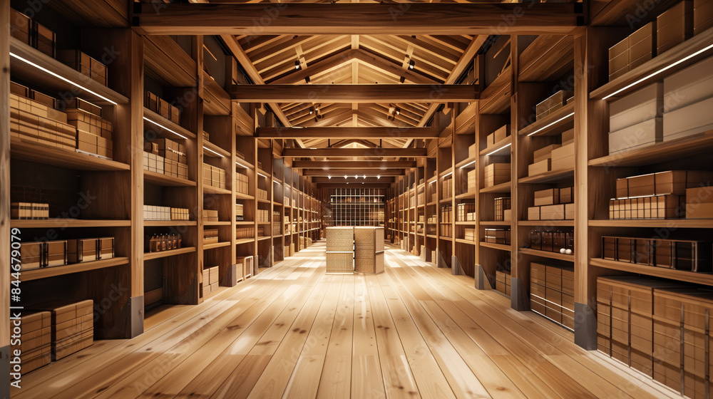 Fototapeta premium Wooden Japanese warehouse filled with goods. Background image. Created with Generative AI technology.