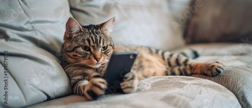 Adorable cat playing with a smartphone on the sofa, representing funny and tech-savvy animals photo