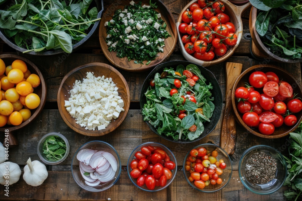 Chef preparing ingredients for delicious salad with tomatoes, spinach, and feta cheese Chef preparing ingredients for delicious salad with tomatoes, spinach, and feta cheese