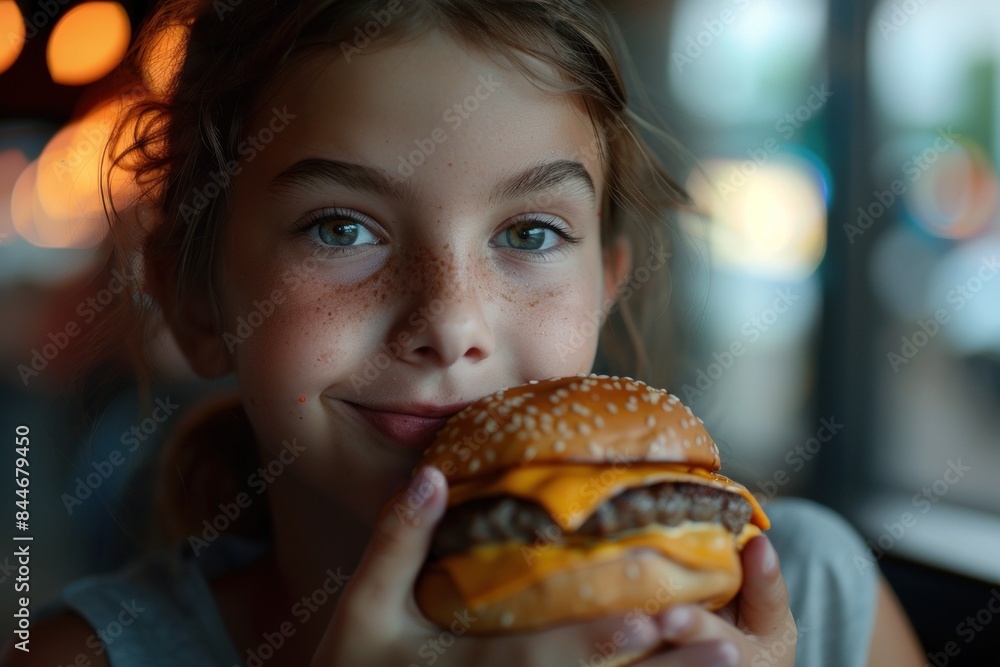 Happy young girl holding a cheeseburger in a restaurant Happy young girl holding a cheeseburger in a restaurant