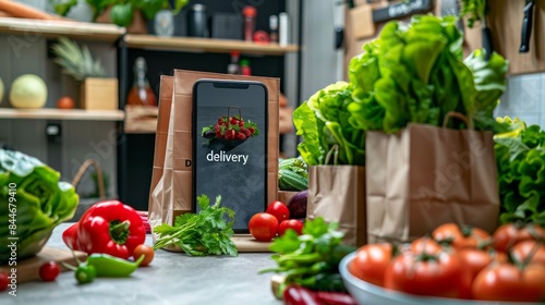 smartphone on home background, on screen smartphone vegan food delivery app, online business, fresh food, fruits and vegetables