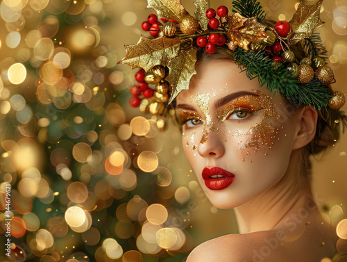 A beautiful woman with gold ornaments and red berries on her head against a shiny golden background