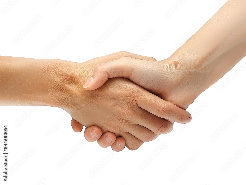 Two hands in a handshake, symbolizing agreement, collaboration, and partnership, isolated on a white background. Two hands in a handshake, symbolizing agreement, collaboration, and partnership, isolated on a white background.