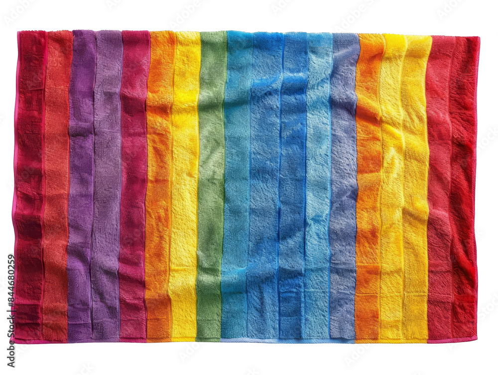 Vibrant rainbow-colored towel featuring stripes of red, orange, yellow, green, blue, and purple, perfect for adding a splash of color to any setting. Vibrant rainbow-colored towel featuring stripes of red, orange, yellow, green, blue, and purple, perfect for adding a splash of color to any setting.