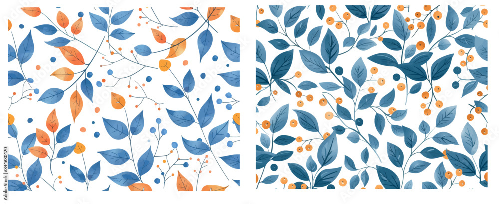 An isolated seamless pattern with curling trees with blue leaves and red berries. Ideal for textiles, prints, wallpaper, and fabrics. An isolated seamless pattern with curling trees with blue leaves and red berries. Ideal for textiles, prints, wallpaper, and fabrics.