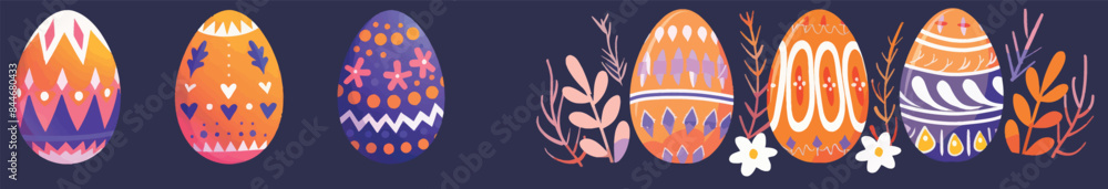 A colorful modern illustration of Easter eggs. Flowers and geometric shapes decorate the eggs. A colorful modern illustration of Easter eggs. Flowers and geometric shapes decorate the eggs.