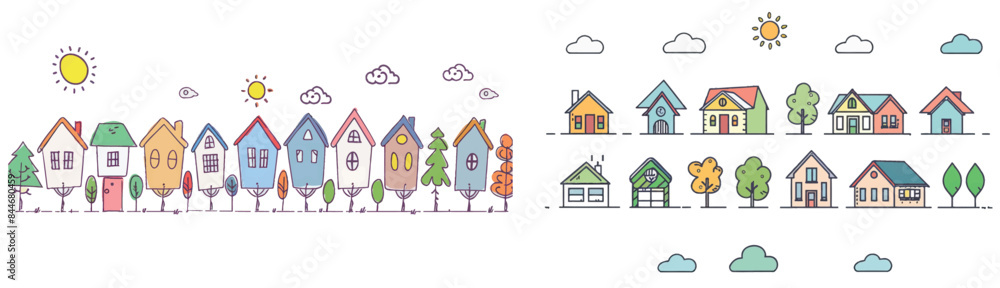 A collection of isolated cute little houses in Scandinavian style with sun, clouds, and trees. Houses have windows, roof tiles, and chimneys. Flat modern illustration in a color scheme. A collection of isolated cute little houses in Scandinavian style with sun, clouds, and trees. Houses have windows, roof tiles, and chimneys. Flat modern illustration in a color scheme.