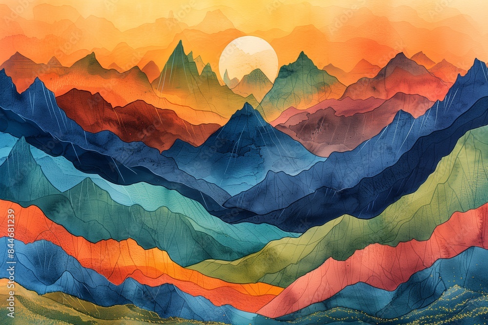 Vibrant Mountain Range Illustration with Risograph Effect Vibrant Mountain Range Illustration with Risograph Effect