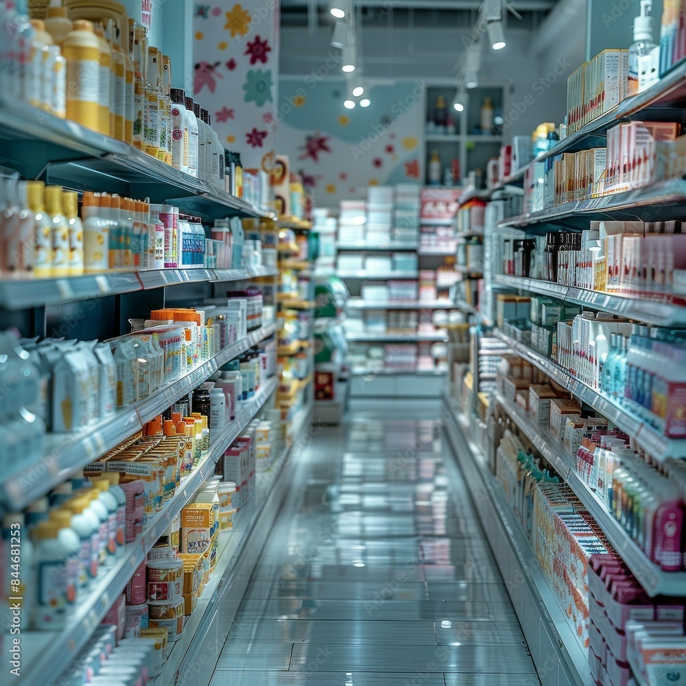 Brightly Lit Drugstore Aisle with Neatly Stocked White Shelves of Health and Wellness Products Brightly Lit Drugstore Aisle with Neatly Stocked White Shelves of Health and Wellness Products
