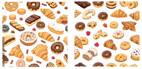 A seamless pattern of bakery products and desserts in flat modern illustrations. Donuts, croissants, muffins, and cookies. Bakery food illustrations. Sweet products. Baking Showcases icon.