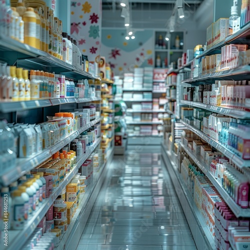 Wallpaper Mural Brightly Lit Drugstore Aisle with Neatly Stocked White Shelves of Health and Wellness Products Torontodigital.ca