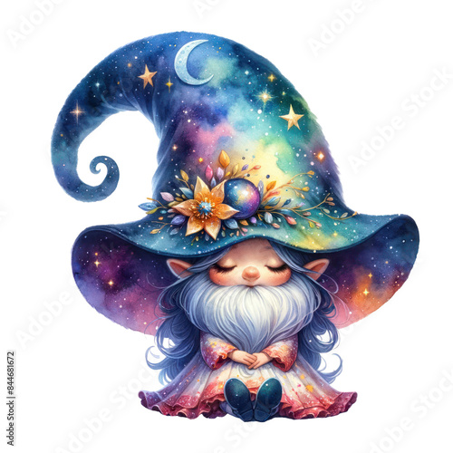 Colorful illustration of a gnome with a starry wizard hat and a serene expression.Transparent background photo