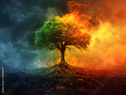 Einen Baum, dessen Stamm ein lebendiges Farbspektrum ausstrahlt, vor dem Hintergrund eines stürmischen Himmels.