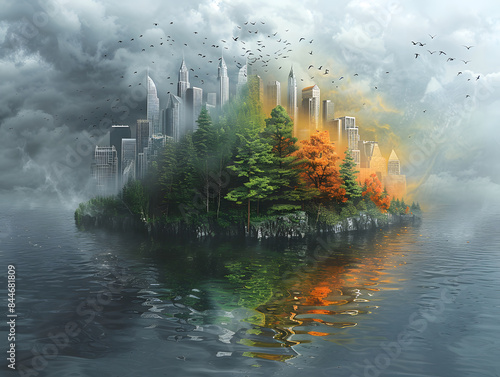 Eine lebendige Stadtsilhouette mit einer üppigen Bauminsel in der Mitte, die von einem See umgeben ist.