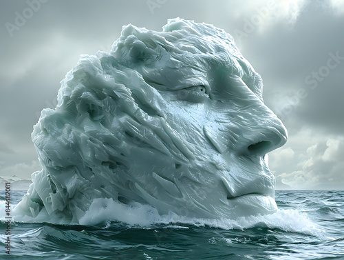 Ein Gesicht, das aus einem Eisberg geschnitzt ist und im Ozean treibt. Das Gesicht hat einen strengen Ausdruck.