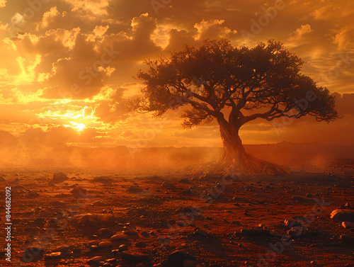 Sonnenuntergangsszene in einer Wüstenlandschaft mit einem einzelnen Baum als Blickfang.