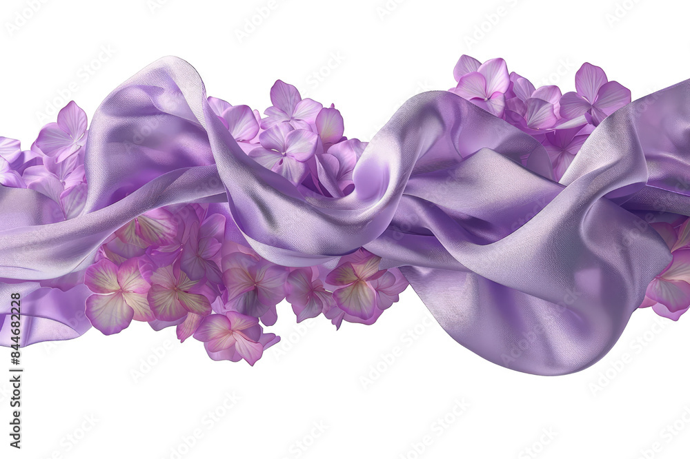 Elegant purple silk fabric intertwined with delicate pink hydrangea flowers, creating a luxurious and romantic atmosphere. Elegant purple silk fabric intertwined with delicate pink hydrangea flowers, creating a luxurious and romantic atmosphere.