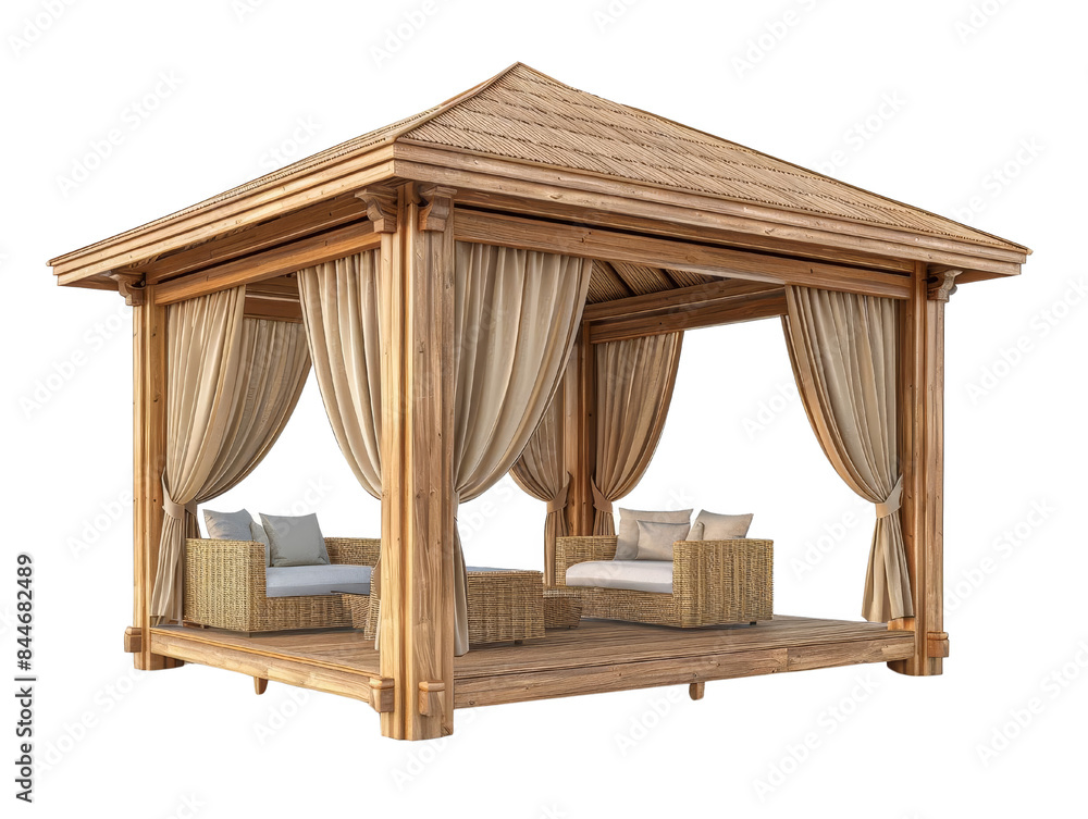 Elegant wooden gazebo with comfortable seating and draped curtains, perfect for outdoor relaxation and gatherings. Elegant wooden gazebo with comfortable seating and draped curtains, perfect for outdoor relaxation and gatherings.