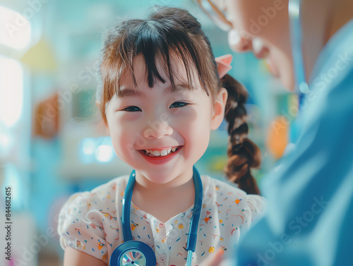 Doctor using a toy stethoscope for a fun checkup with a healthy and giggling child focus on, playful medical theme, dynamic, Manipulation, childfriendly clinic backdrop photo