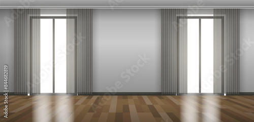 empty room interior with two panpramic  windows curtains wooden floor mock up vector illustration